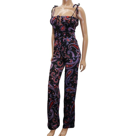 WeWoreWhat Danielle Bernstein Black Multi Paisley Satin Jumpsuit 4 - Picture 3 of 6